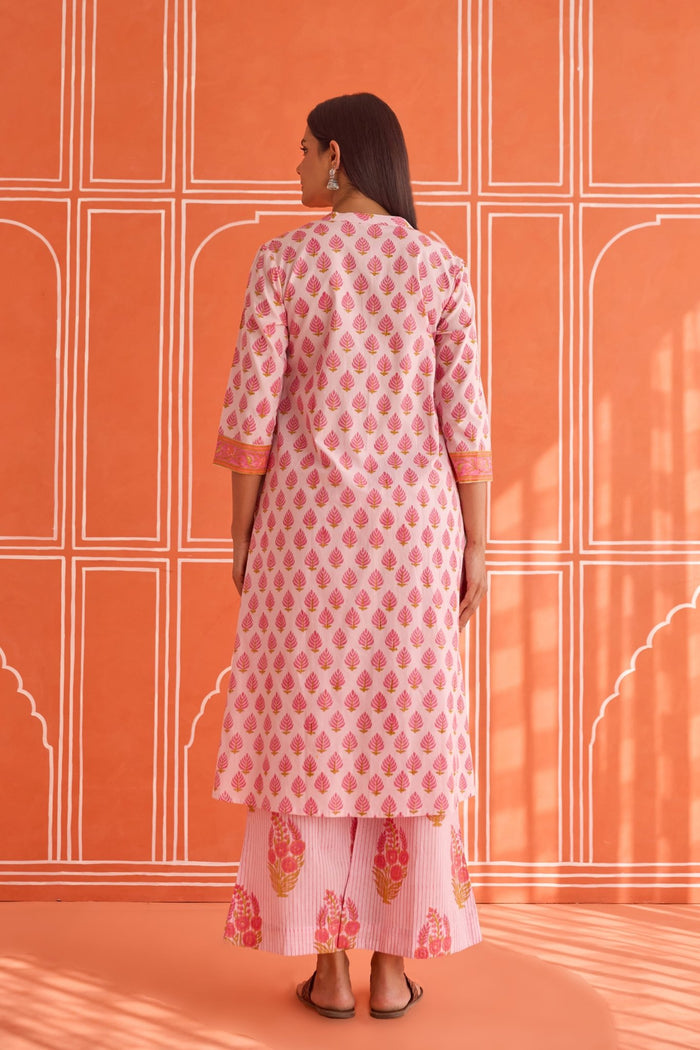 Pink Leaf Motif Hand Block Printed Co-ord Set - Tara-C-Tara
