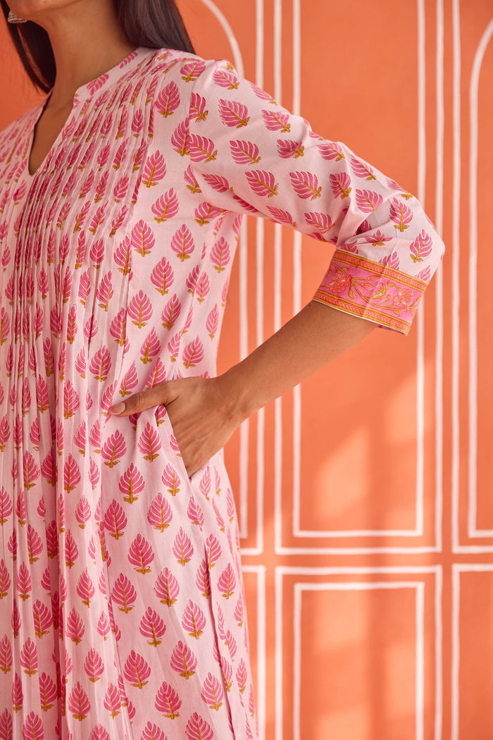 Pink Leaf Motif Hand Block Printed Co-ord Set - Tara-C-Tara
