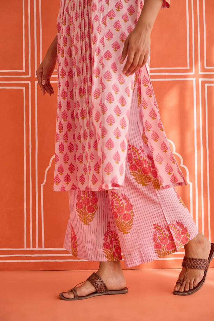 Pink Leaf Motif Hand Block Printed Co-ord Set - Tara-C-Tara