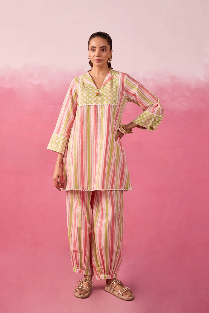 Pink & Lime Stripe Hand Block Printed Co-ord Set - Tara-C-Tara