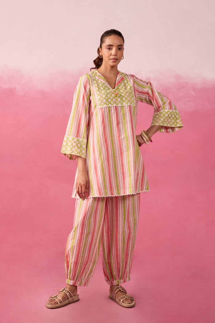 Pink & Lime Stripe Hand Block Printed Co-ord Set - Tara-C-Tara