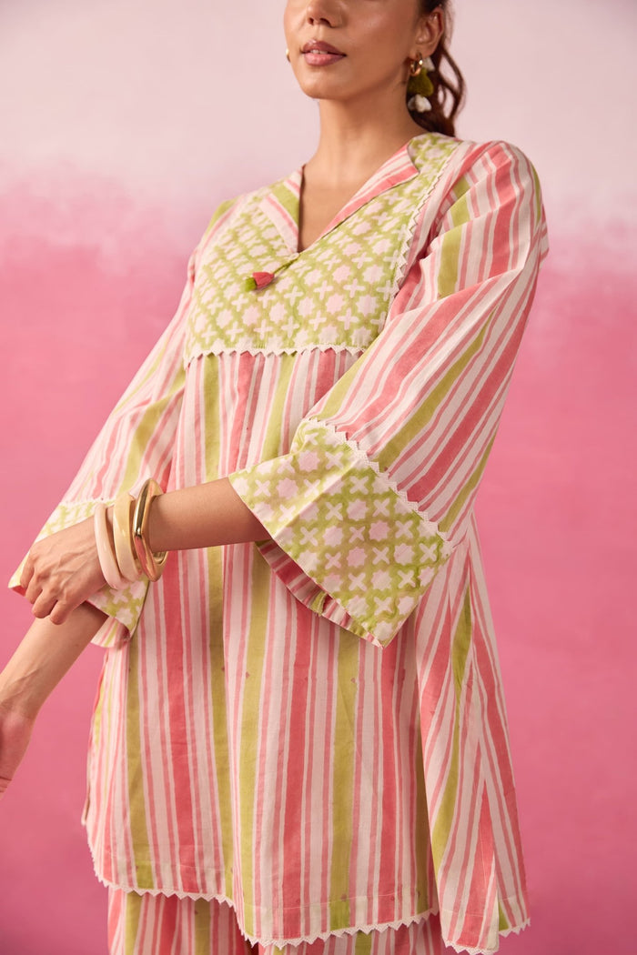 Pink & Lime Stripe Hand Block Printed Co-ord Set - Tara-C-Tara