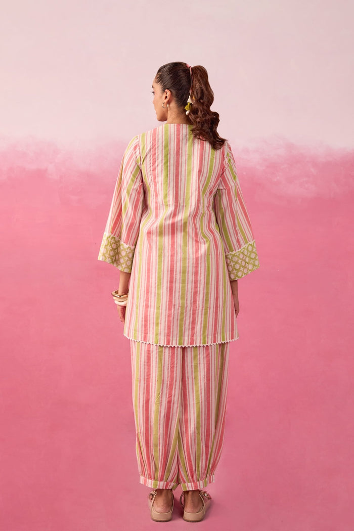 Pink & Lime Stripe Hand Block Printed Co-ord Set - Tara-C-Tara