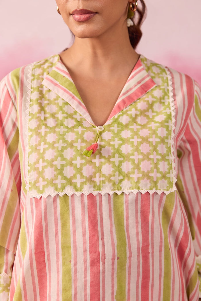 Pink & Lime Stripe Hand Block Printed Co-ord Set - Tara-C-Tara