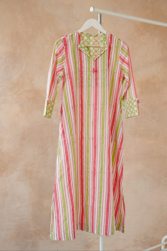 Pink & Lime Stripe Hand Block Printed Kurta - Tara - C - Tara
