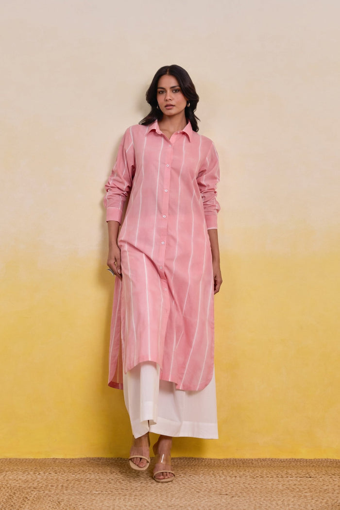 Pink Striped Shirt Kurta with White Palazz Co - ord Set - Tara - C - Tara