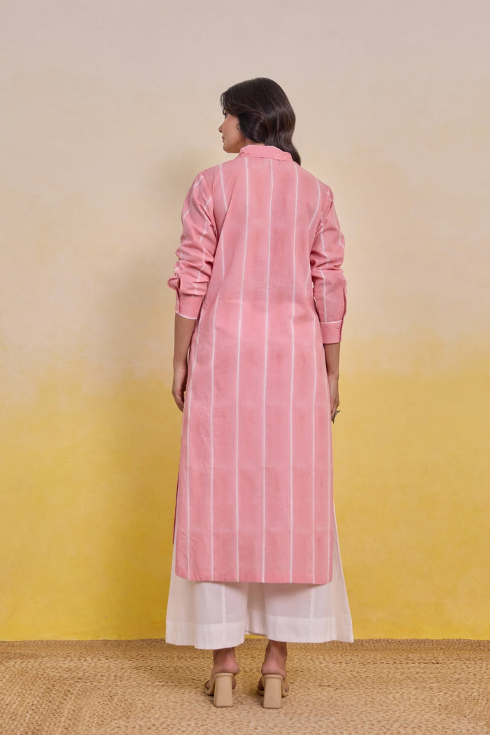 Pink Striped Shirt Kurta with White Palazz Co - ord Set - Tara - C - Tara