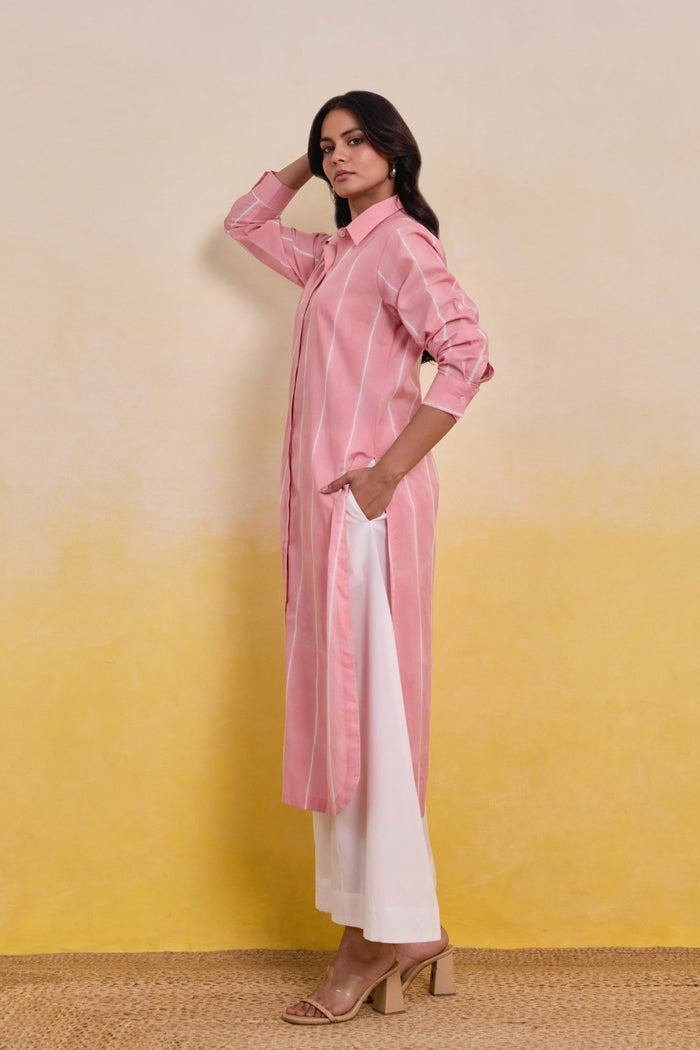 Pink Striped Shirt Kurta with White Palazz Co - ord Set - Tara - C - Tara