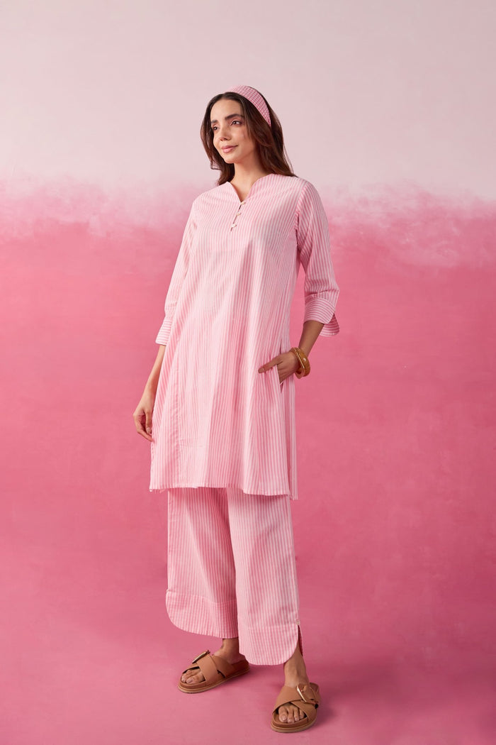 Pink & White Stripe Hand Block Printed Cotton Co-ord Set - Tara-C-Tara