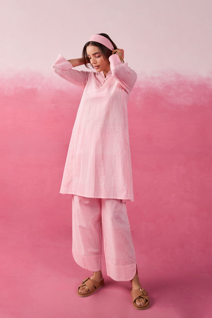 Pink & White Stripe Hand Block Printed Cotton Co-ord Set - Tara-C-Tara