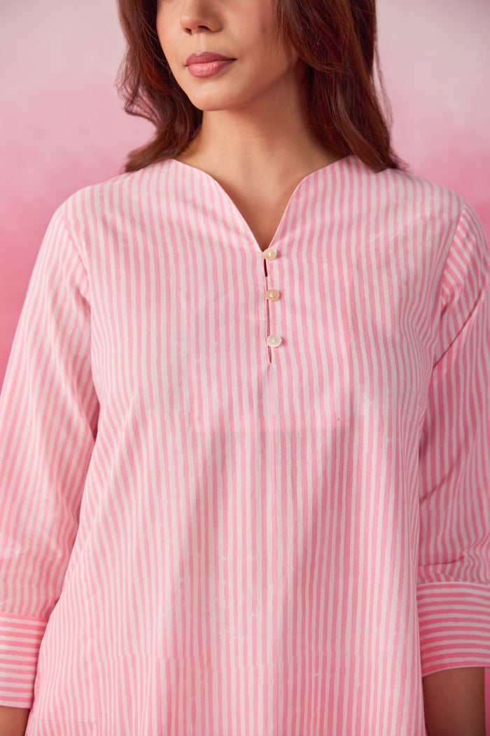 Pink & White Stripe Hand Block Printed Cotton Co-ord Set - Tara-C-Tara