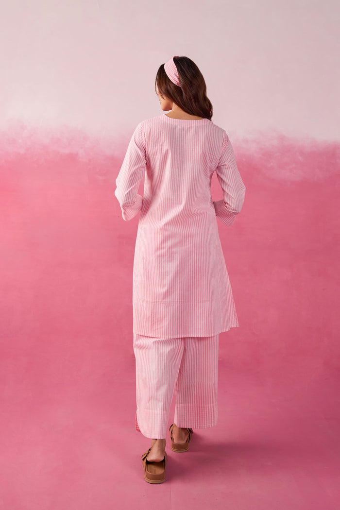 Pink & White Stripe Hand Block Printed Cotton Co-ord Set - Tara-C-Tara