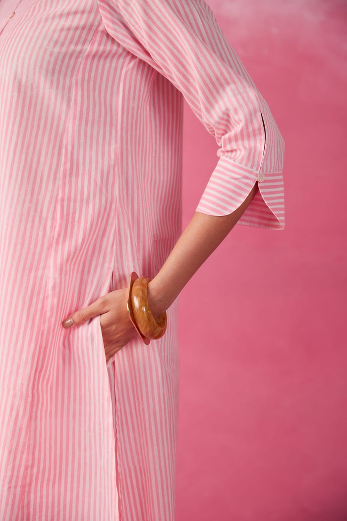 Pink & White Stripe Hand Block Printed Cotton Co-ord Set - Tara-C-Tara
