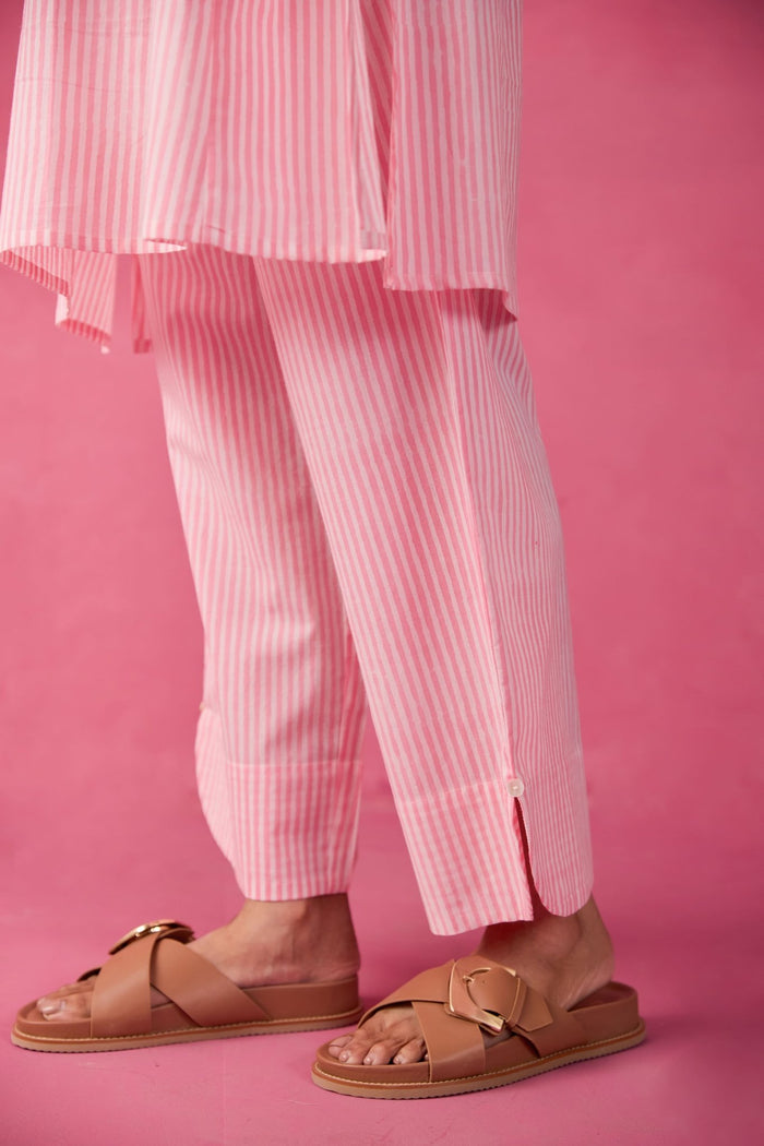 Pink & White Stripe Hand Block Printed Cotton Co-ord Set - Tara-C-Tara
