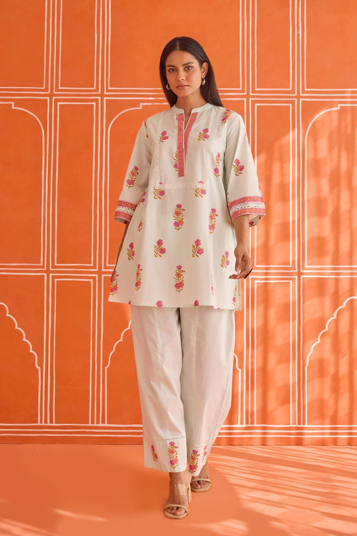 Pista Green Floral Hand Block Print Co - ord Set - Tara - C - Tara
