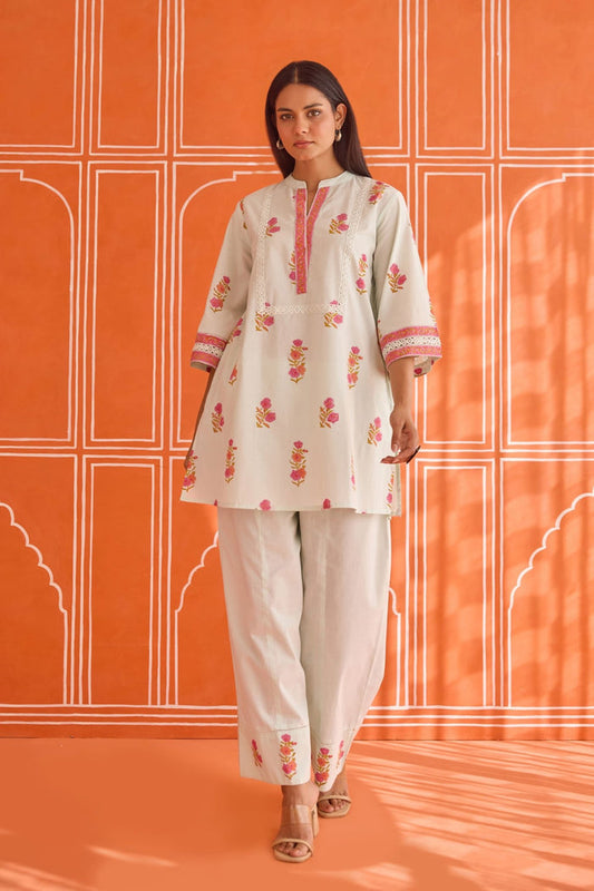 Pista Green Floral Hand Block Print Co - ord Set - Tara - C - Tara
