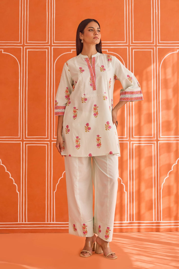 Pista Green Floral Hand Block Print Co - ord Set - Tara - C - Tara