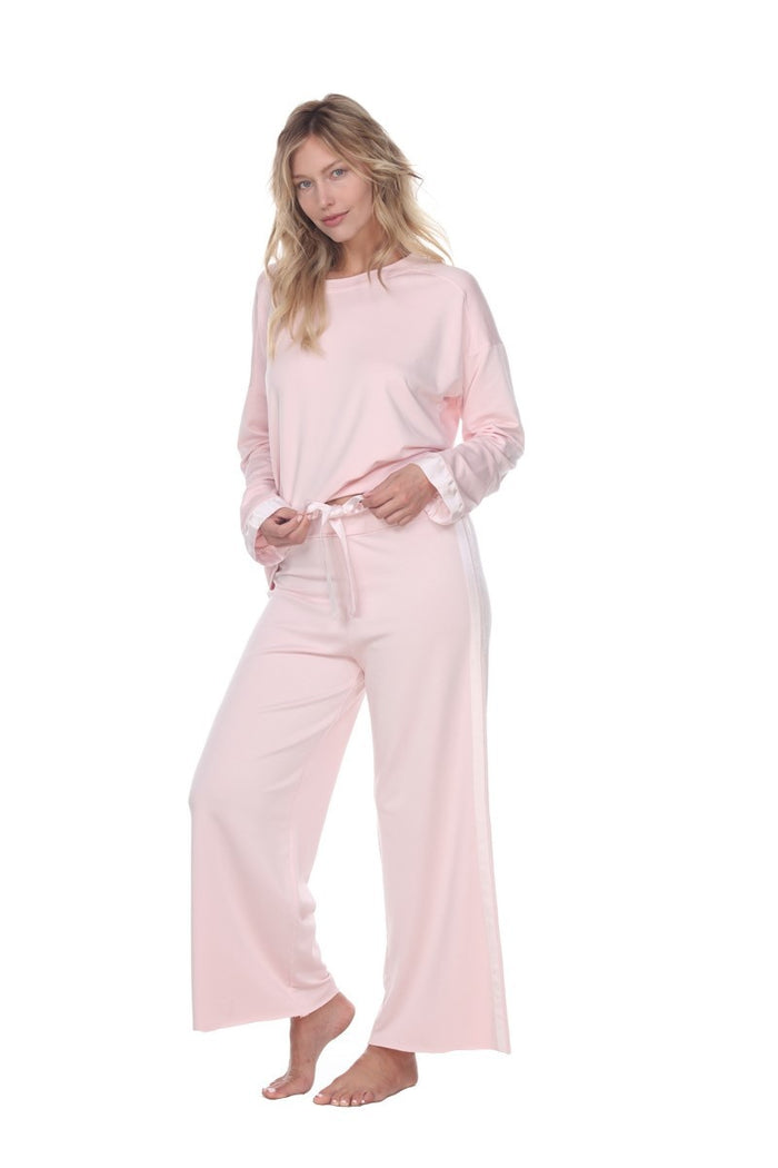 PJ Harlow Kimber Crop French Terry Wide Leg Crop Pant With Satin Stripes