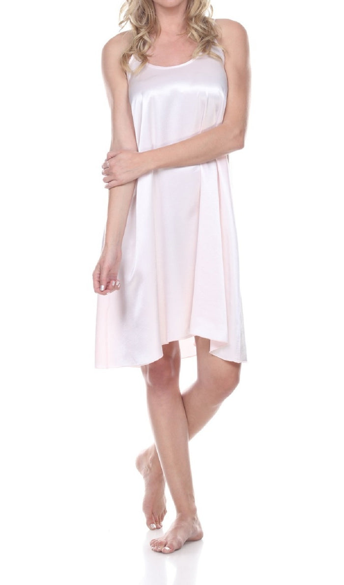PJ Harlow Satin Knee Length Gown With Spaghetti Straps & Gathered Back Ruby