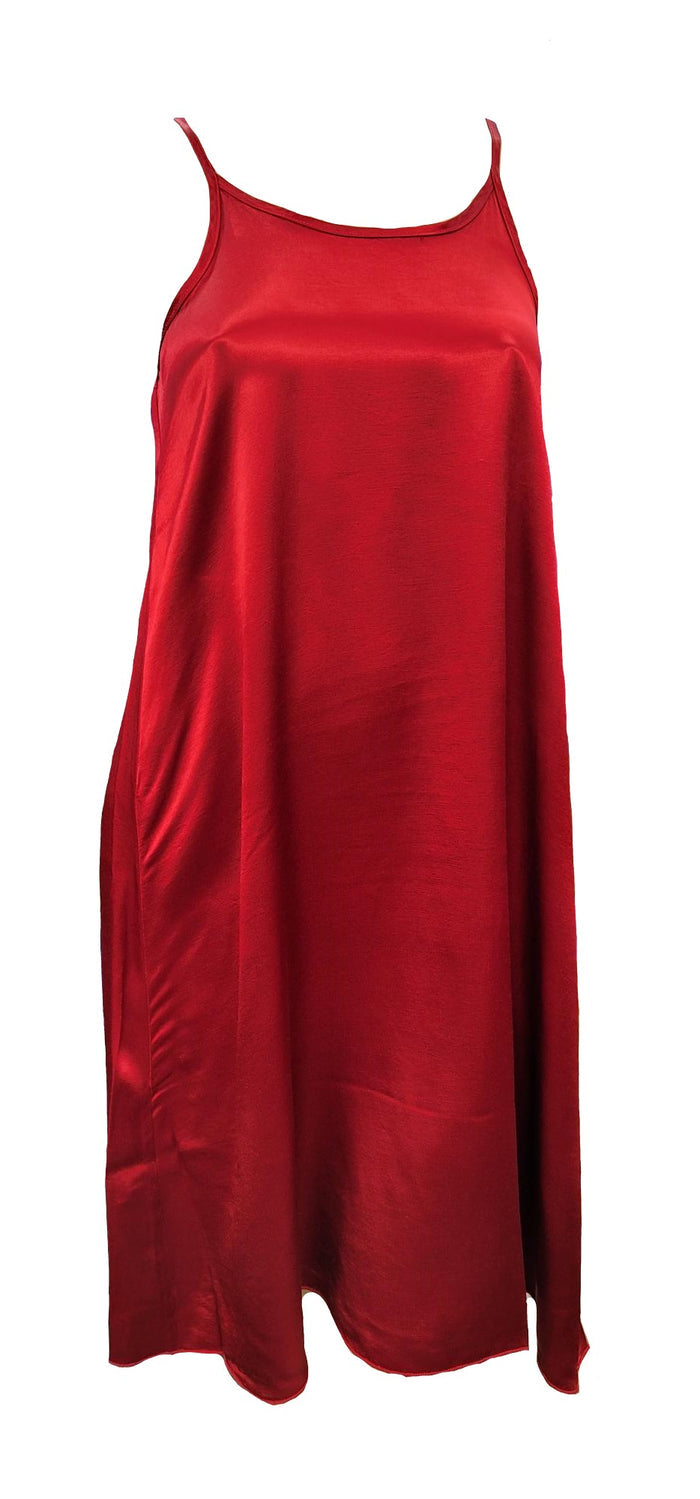 PJ Harlow Satin Knee Length Gown With Spaghetti Straps & Gathered Back Ruby