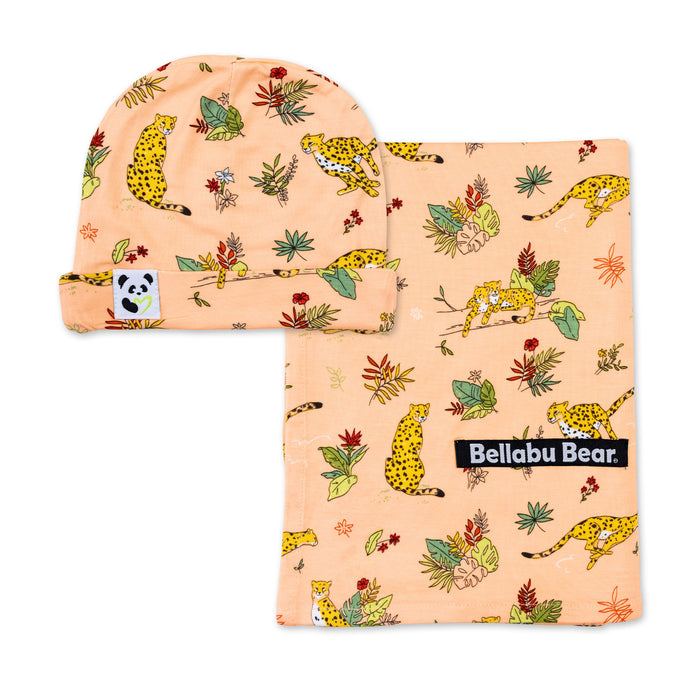 Pounce In Paradise Cheetah Bamboo Swaddle & Beanie Set