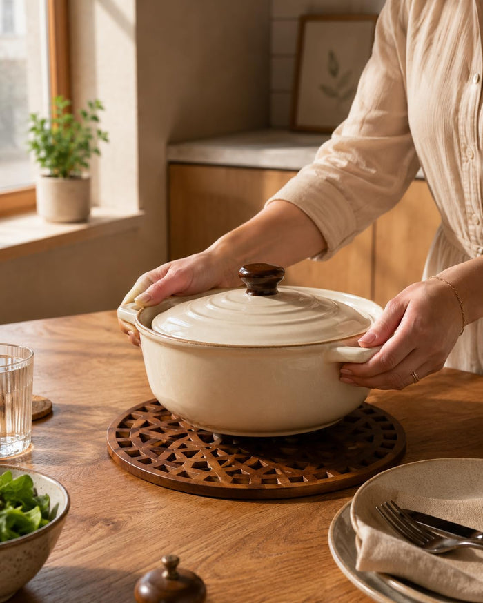 Round wooden trivet with lattice pattern under a ceramic pot on a dining table