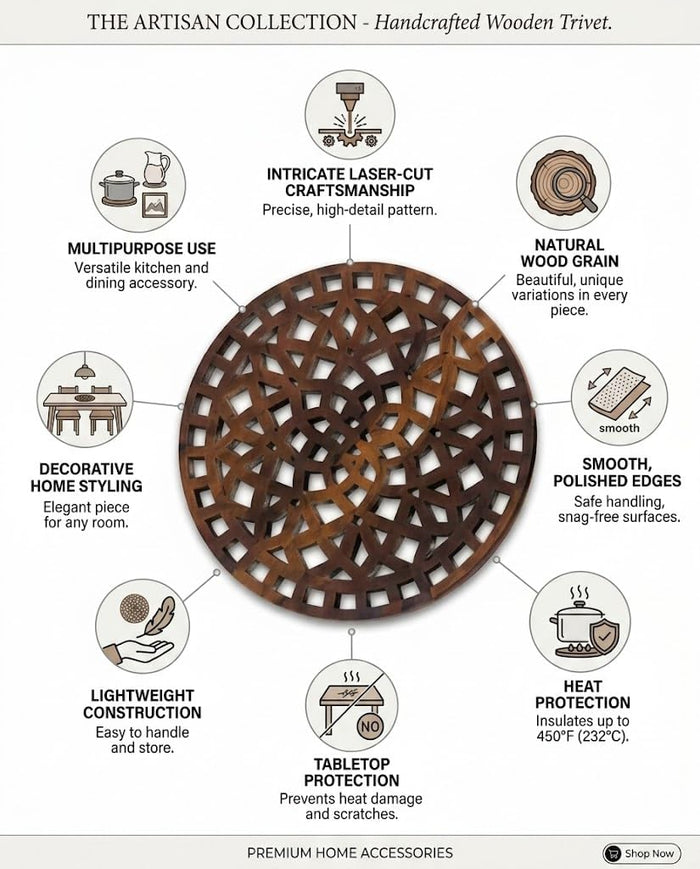 Round light brown wooden trivet with interlocking floral lattice cutout pattern
