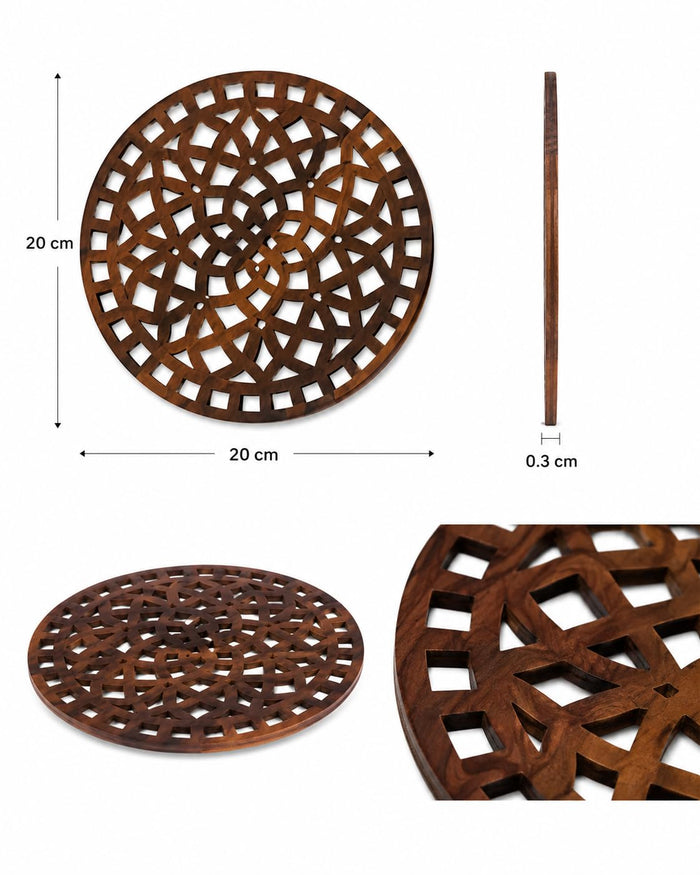 Round light brown wooden trivet, top view and side thickness, interlocking lattice