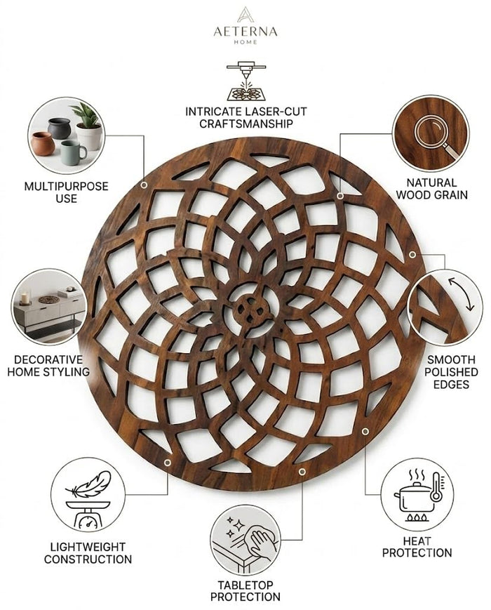 Round wooden trivet with spiral lattice design and smooth polished edges