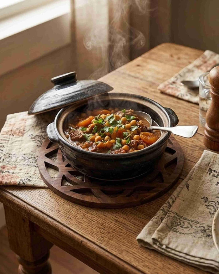 Round wooden trivet under a cooking pot on a dining table