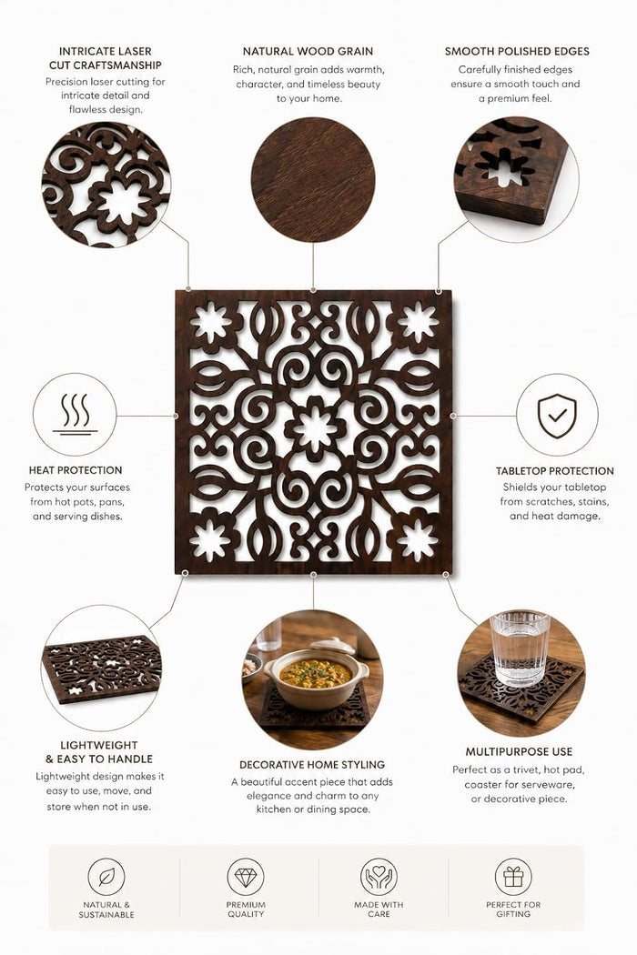 Square dark brown wooden trivet with floral scroll cutwork, heat-resistant table protector