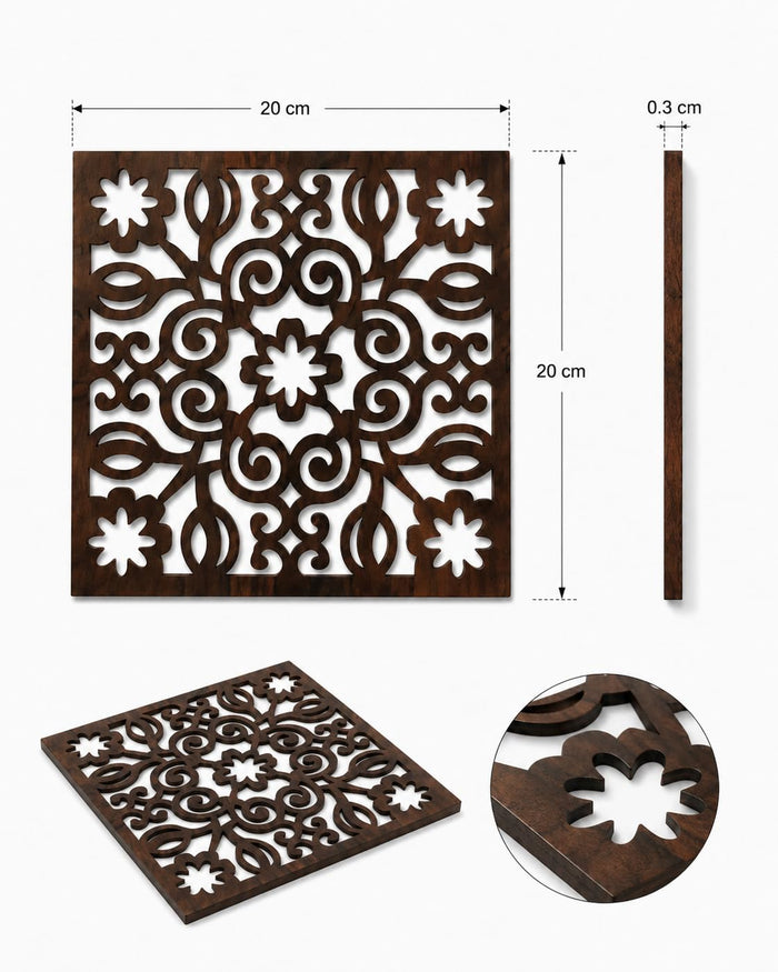 Square dark brown wooden trivet, floral scroll cutwork pattern; 20 cm x 20 cm