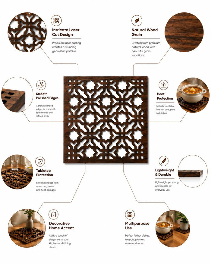 Dark brown square wooden trivet with Moroccan geometric cutwork lattice pattern