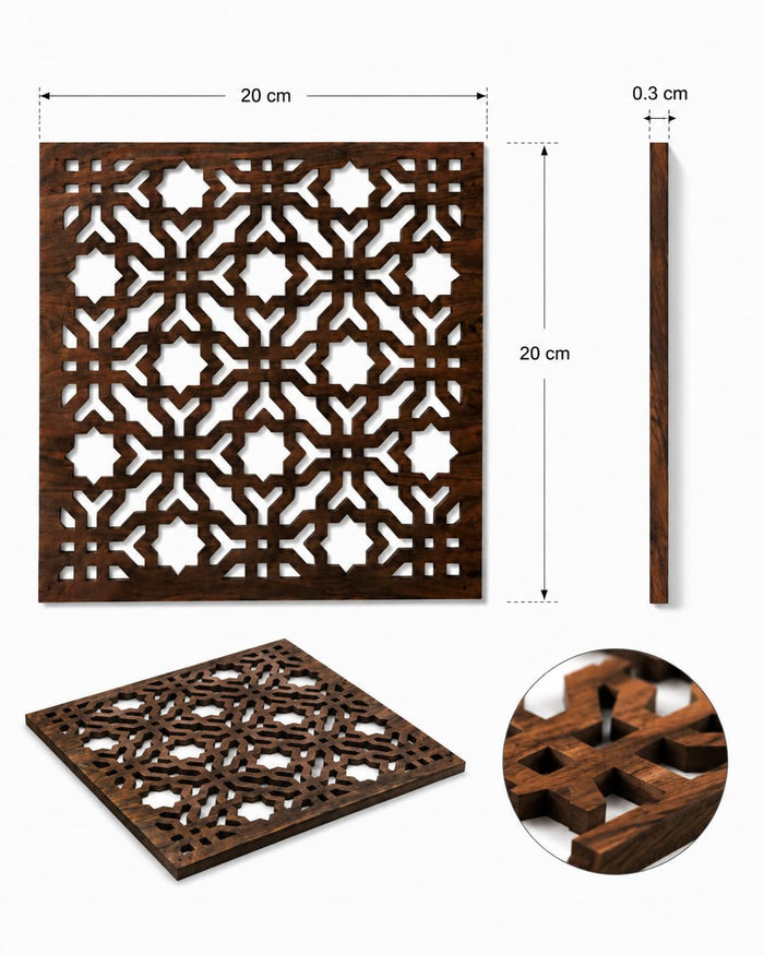 Square dark brown wooden trivet with Moroccan cutwork pattern and thin edge