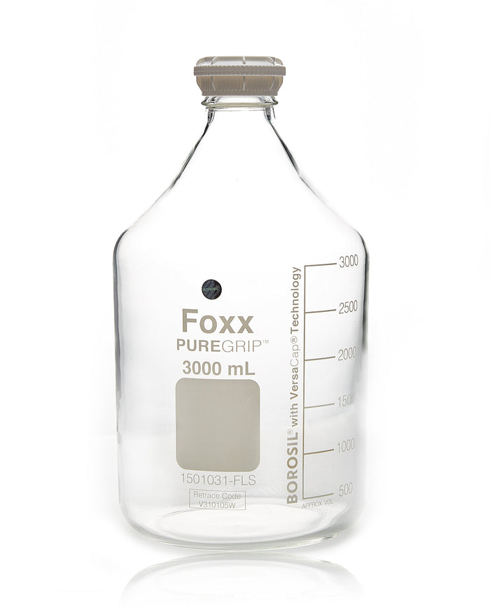 PUREGRIP® Bottles - Reagent - Transparent  Graduated with GL45 Screw Cap and Pouring Ring - 3000mL - 2/case - SolventWaste.com