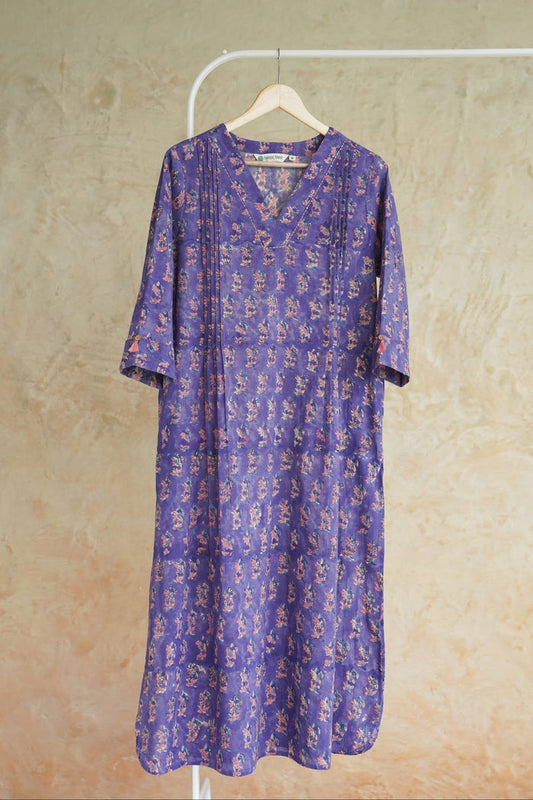 Purple Floral Booti Hand Block Print Cotton Kurta - Tara-C-Tara