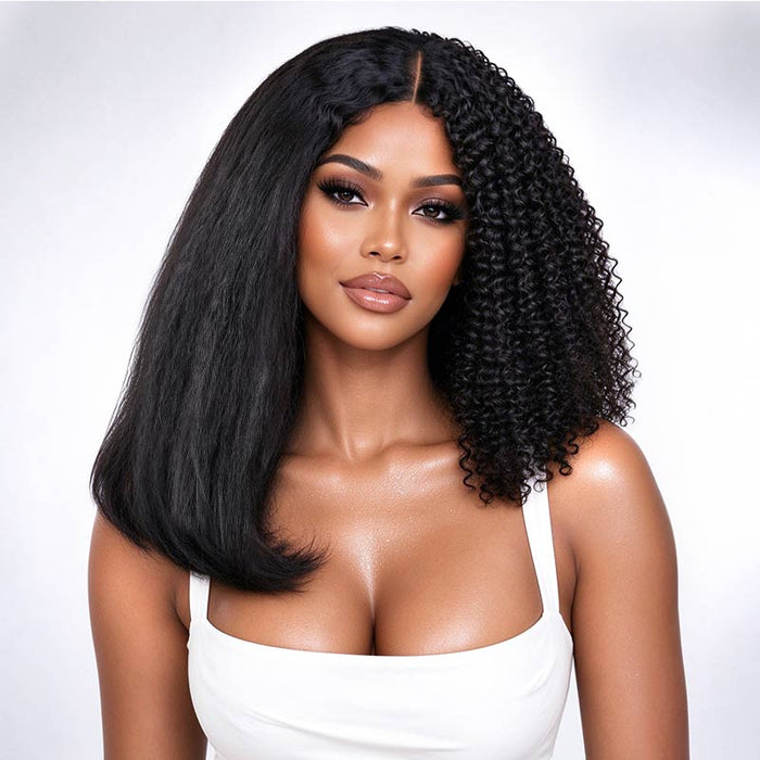 QVR 2-In-1 Style Switch Dream Curls Kinky Curly & Straight Invisible V Part Bob Wig
