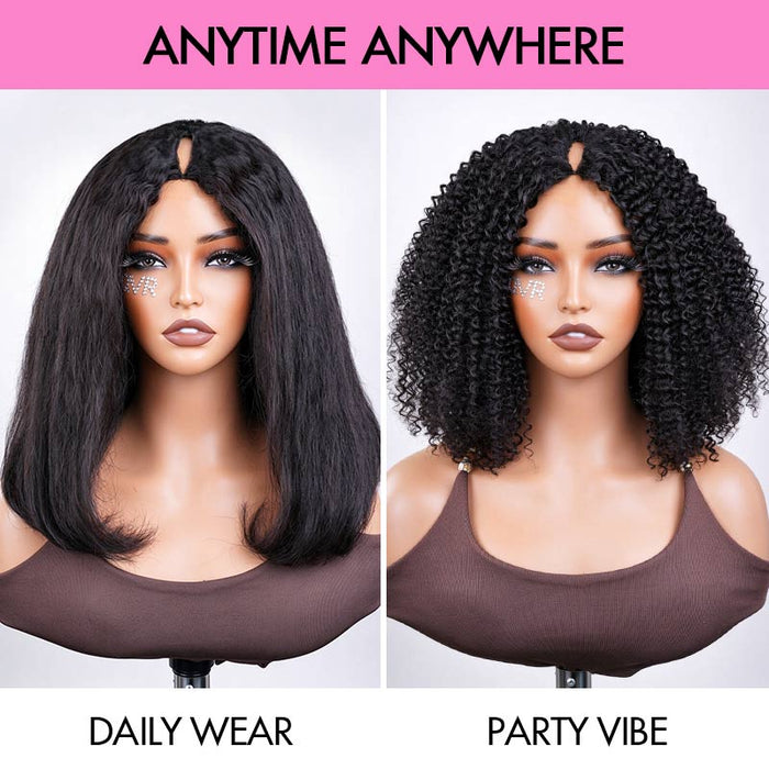 QVR 2-In-1 Style Switch Dream Curls Kinky Curly & Straight Invisible V Part Bob Wig