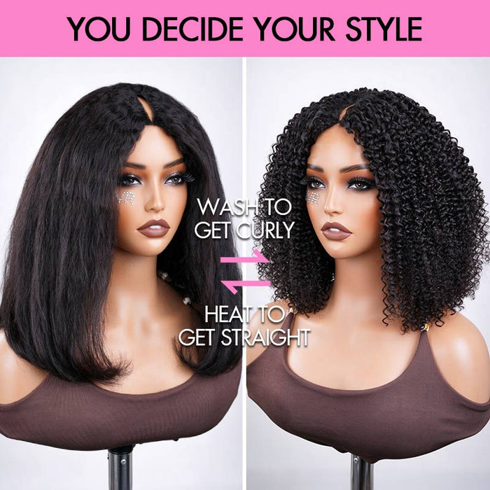 QVR 2-In-1 Style Switch Dream Curls Kinky Curly & Straight Invisible V Part Bob Wig