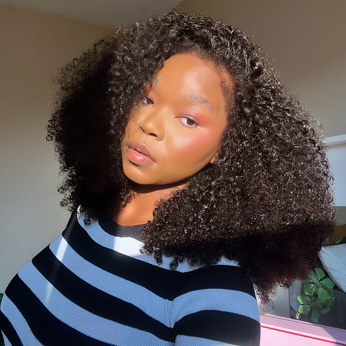 QVR 4C Edges Kinky Curly 9x6 Lace Short Bob Wigs Glueless Human Hair Wig