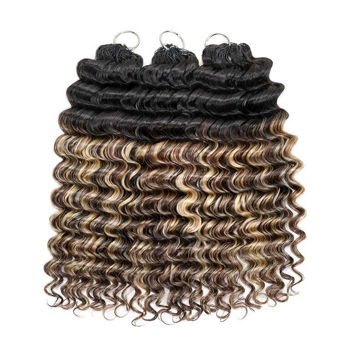 QVR Deep Wave Crochet Hair Sun-Kissed Blonde Mixed Highlights Machine Made Feather Human Hair Extension