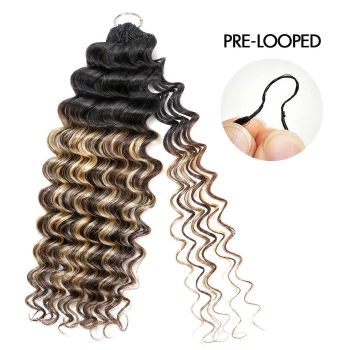 QVR Deep Wave Crochet Hair Sun-Kissed Blonde Mixed Highlights Machine Made Feather Human Hair Extension