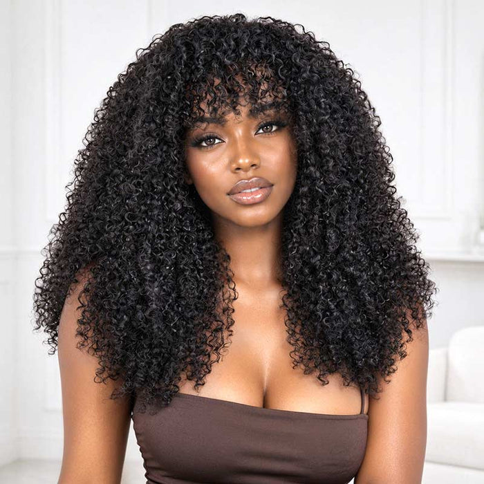 QVR Glueless Afro Curly Wig with Bangs High Density Fluffy Curly Human Hair for Black Women