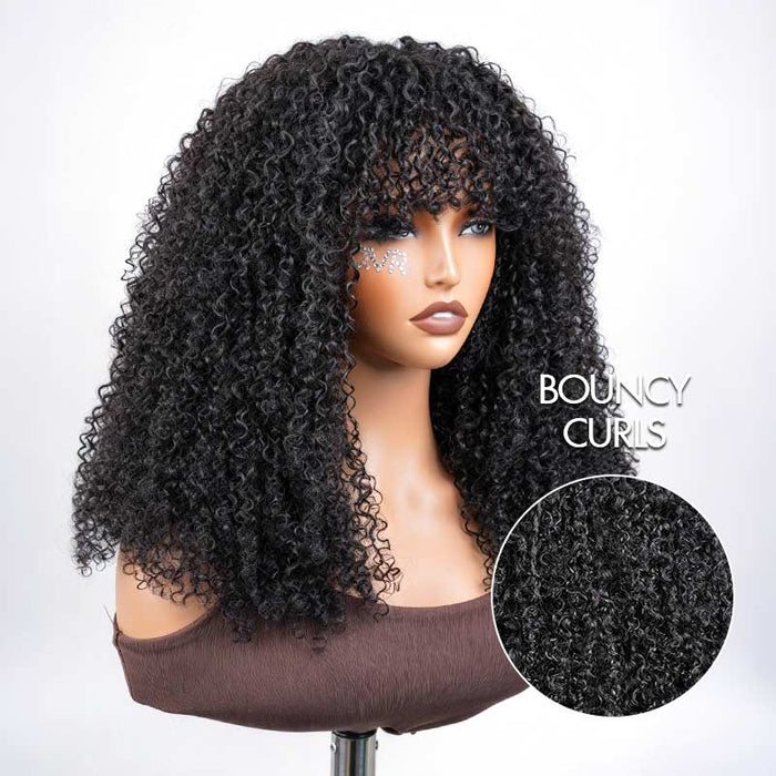 QVR Glueless Afro Curly Wig with Bangs High Density Fluffy Curly Human Hair for Black Women