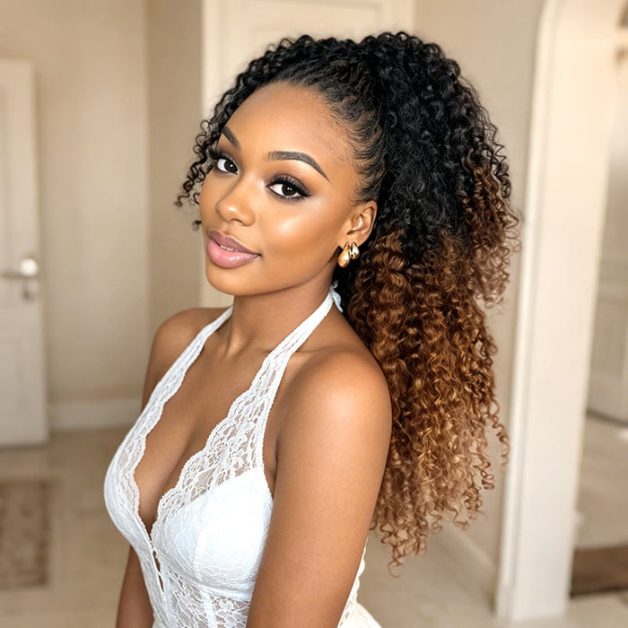 QVR Ombre  #T1B/30/27 Burmese Curly Feather Crochet Human Hair Machine Made Crochet Weave Hair Extensions