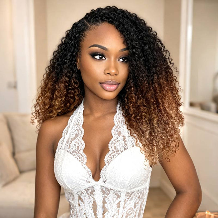 QVR Ombre  #T1B/30/27 Burmese Curly Feather Crochet Human Hair Machine Made Crochet Weave Hair Extensions