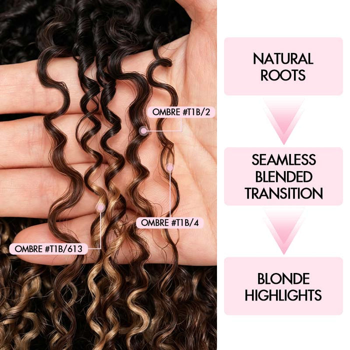 QVR Sun-Kissed Blonde Mixed Highlights  Burmese Curly Feather Crochet Hair Machine Made Human Hair Extensions