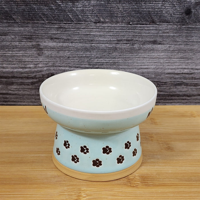 Raised Cat Bowl Elevated Pedestal Food Water Dish Green White Ceramic Blue Sky