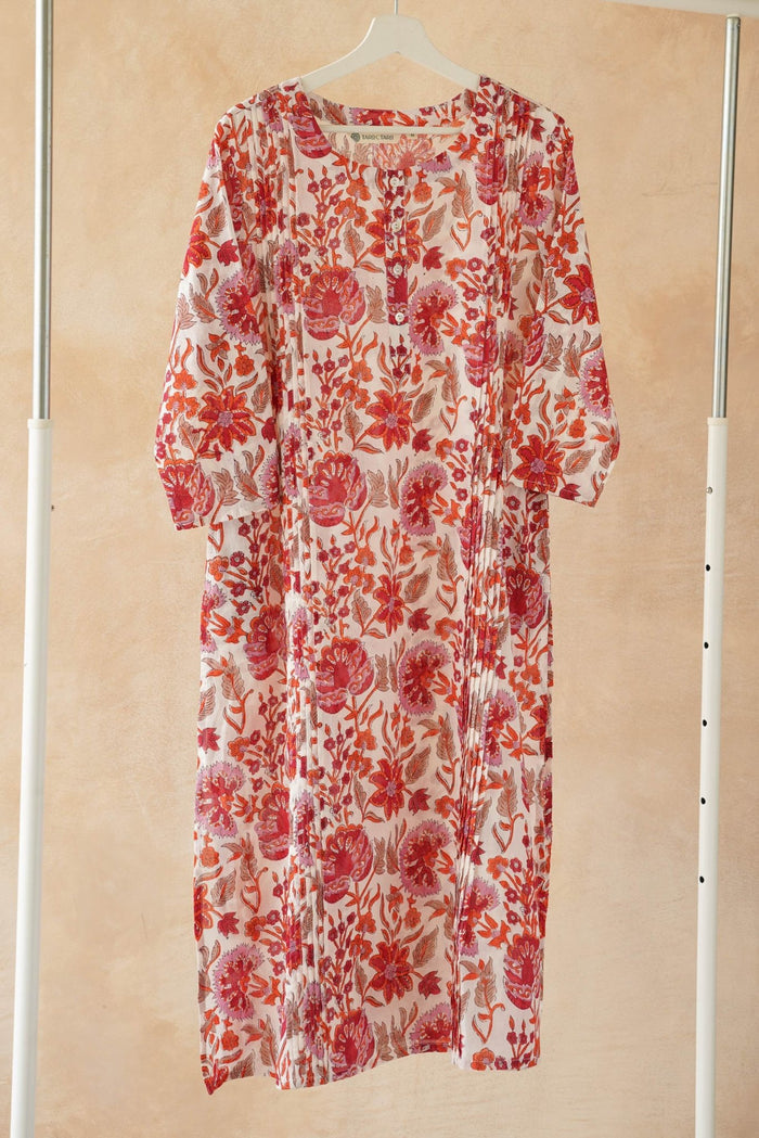 Red & Orange Floral Hand Block Print Pintuck Kurta - Tara - C - Tara