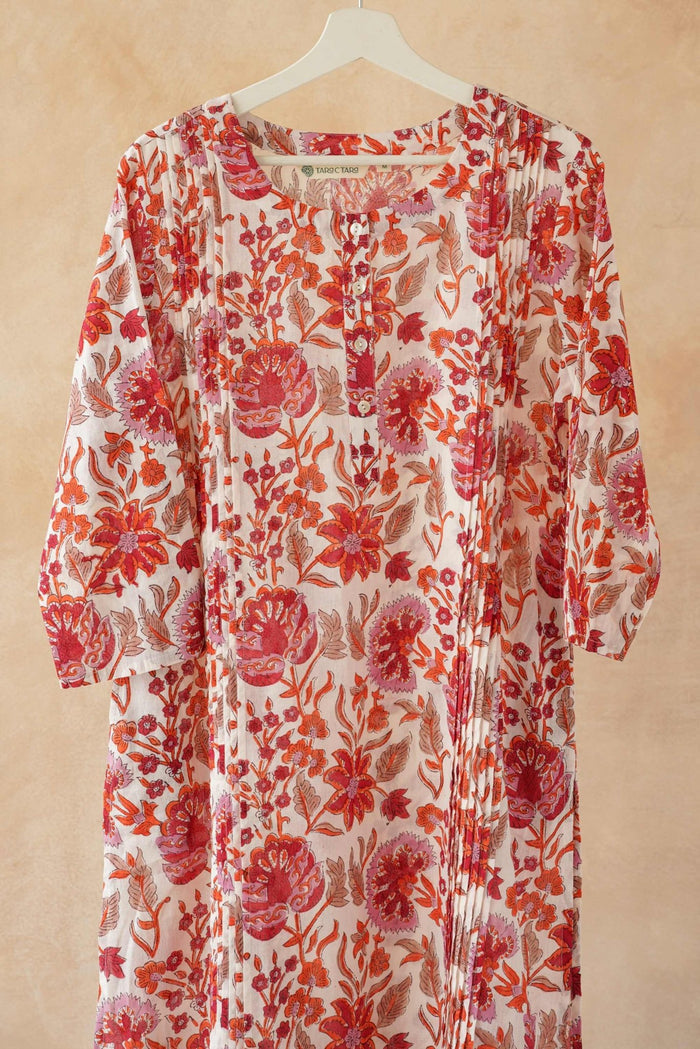 Red & Orange Floral Hand Block Print Pintuck Kurta - Tara - C - Tara
